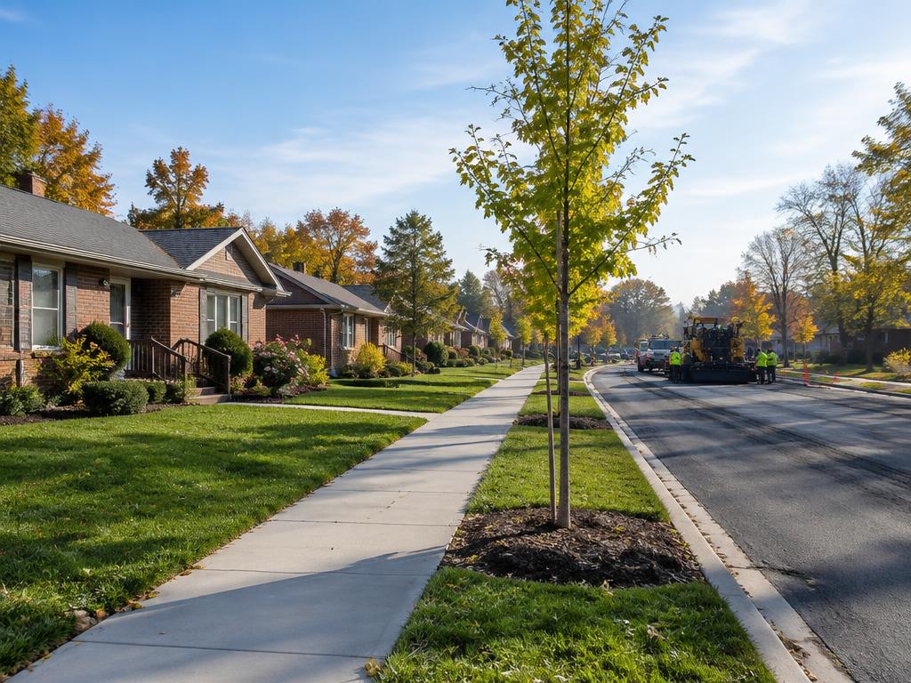 A neighborhood street with fresh sidewalks and road work