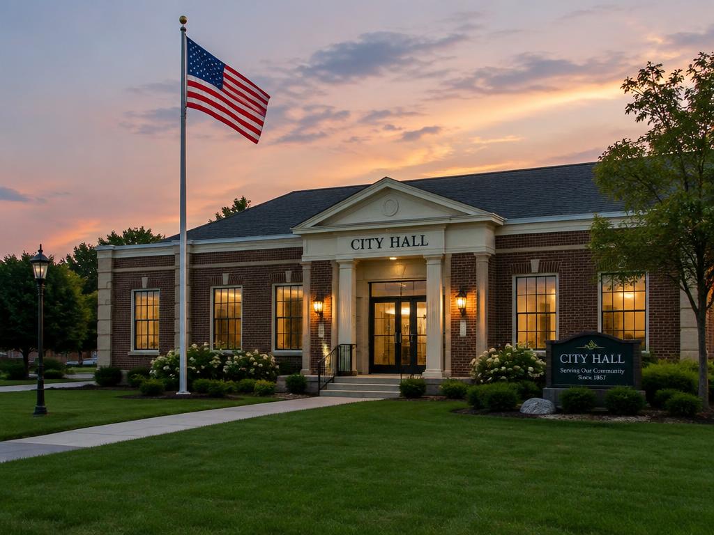 City hall at dusk with the American flag flying