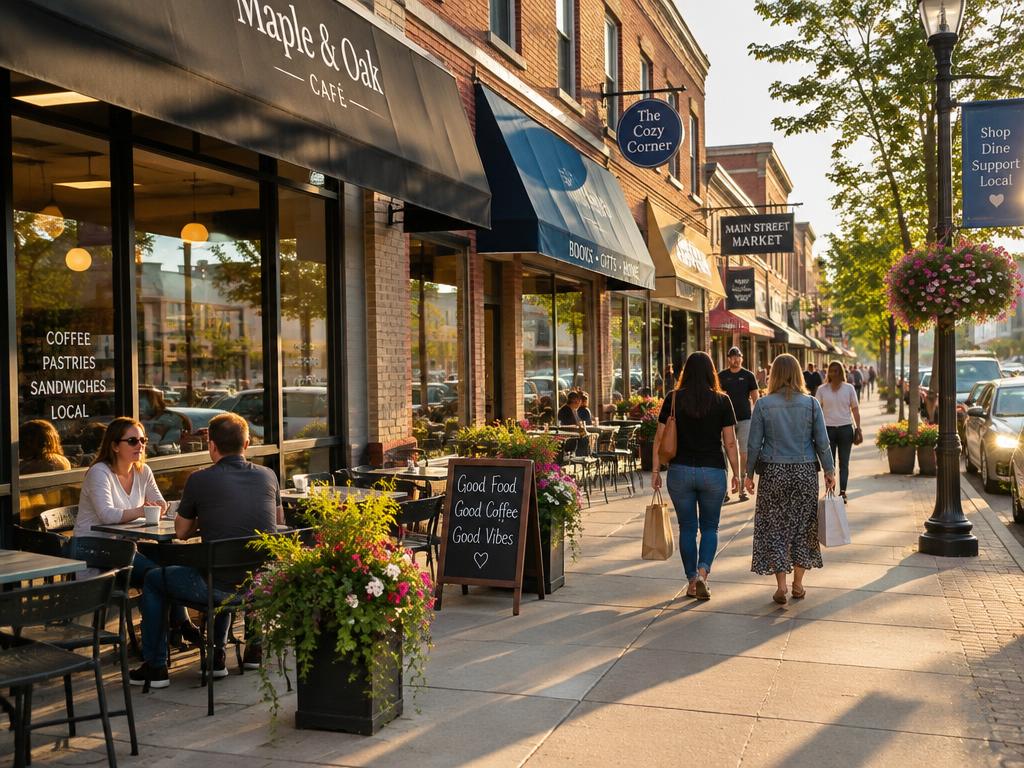 A lively small-business main street with cafes and shoppers
