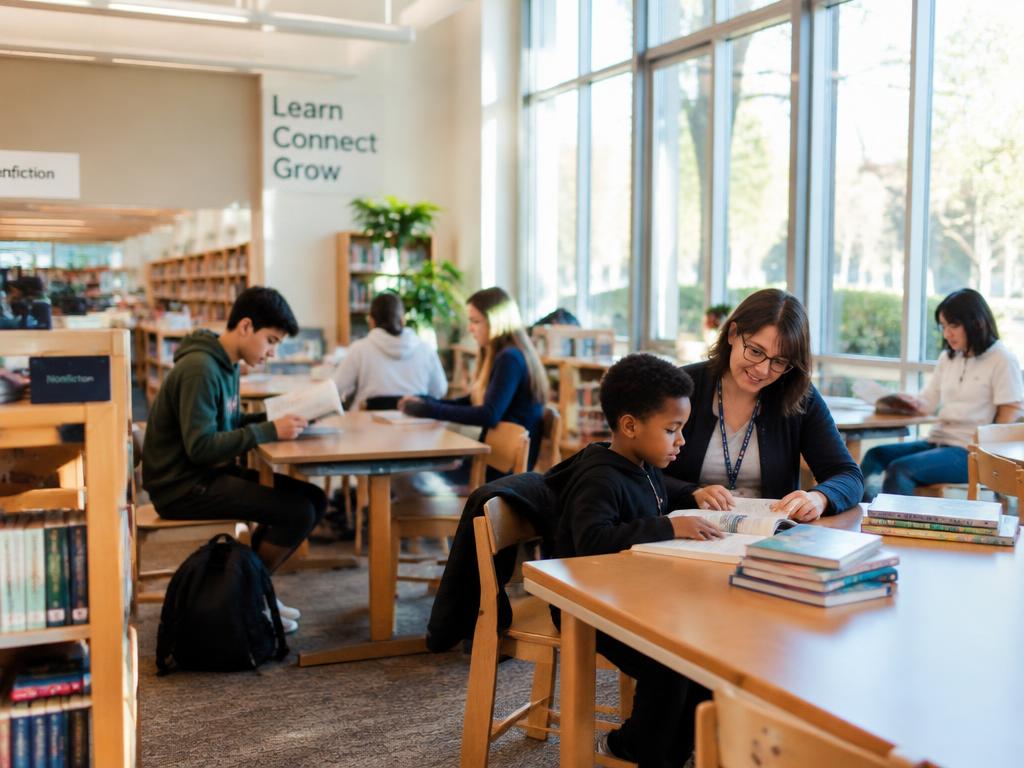 Kids and teens reading in a bright public library