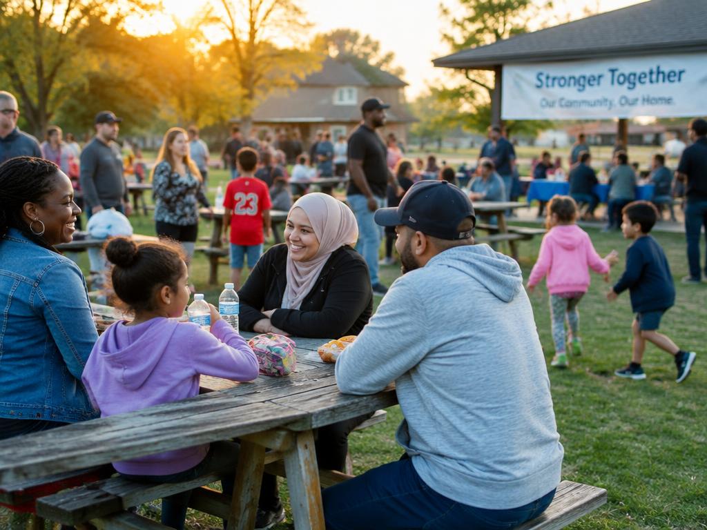 A diverse community gathering in a neighborhood park
